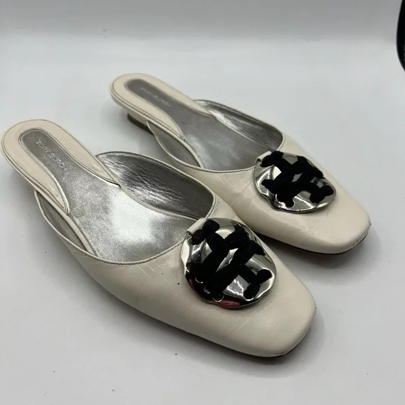 Tory Burch Sz‎ 10 Patos Logo Kitten Heel Mules - Picture 2 of 13